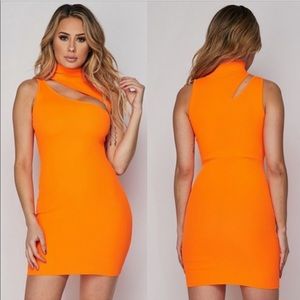 🧡 Neon Orange Slash Bodycon Mini Dress